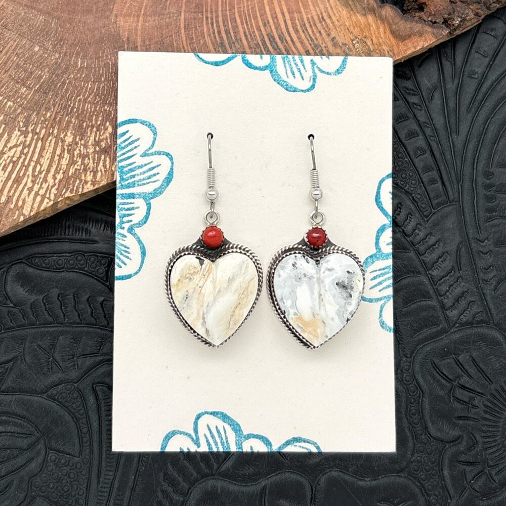 BUFFALO DANCER Taos Pueblo Sterling Silver & White Buffalo Heart Earrings Coral